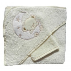 Cape de bain et gant de toilette beige, motif lune