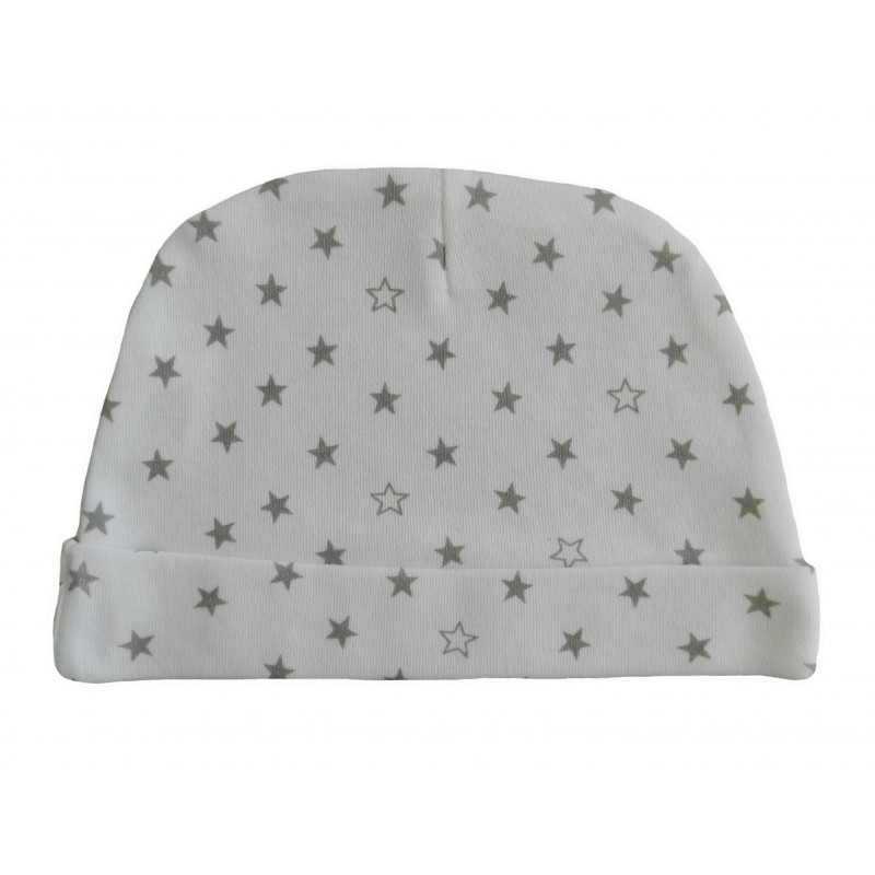 Bonnet naissance blanc avec des étoiles grises Bonnet naissance blanc avec des étoiles grises