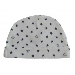 Bonnet naissance blanc avec motifs étoiles bleu-marine