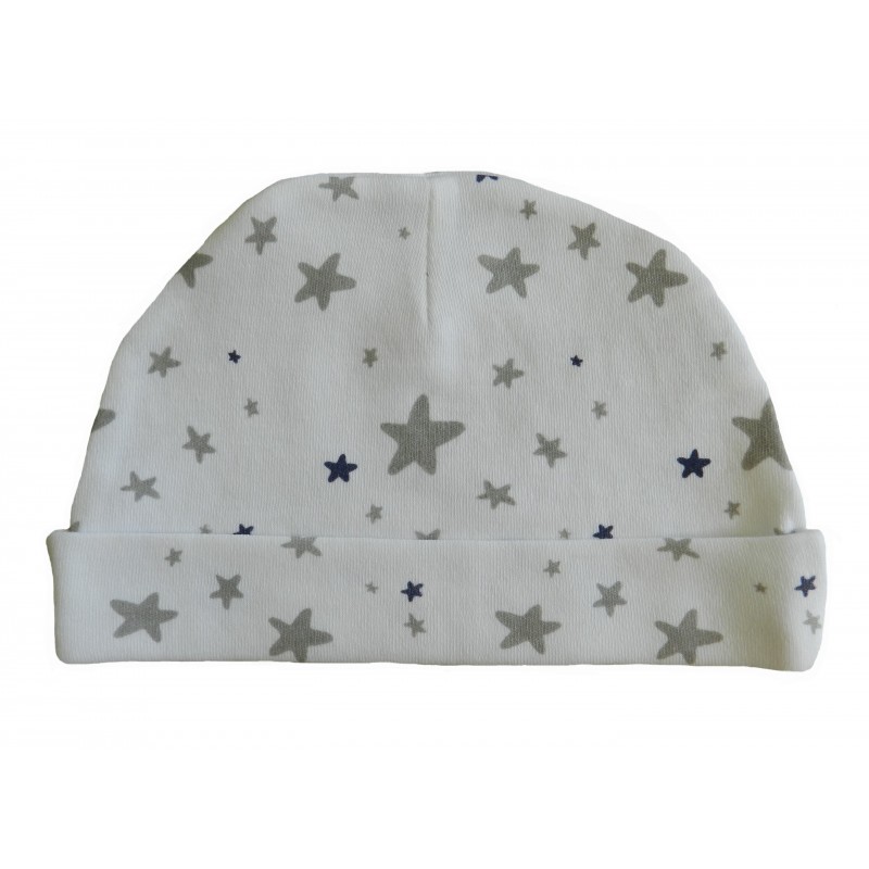 Bonnet naissance blanc imprimé d'étoiles bleu et grises