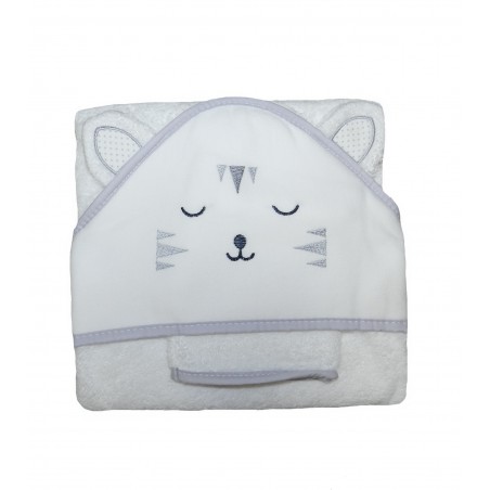 Cape de bain bébé tête de chat, blanche et grise accompagnée de son gant de toilette