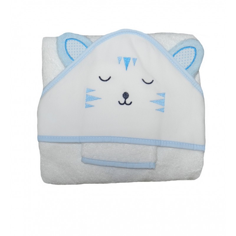 Ensemble Sortie De Bain Bébé Bisoo - 1 Cape à Capuche 80x80 Cm + 3 Serviettes 30x30 Cm - 100% Coton Oeko-Tex - Bleu