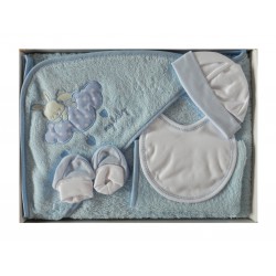 Coffret naissance sortie de bain bleu et blanc et ses accessoires