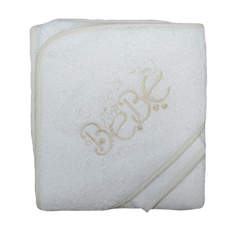 Cape de bain bébé blanche et crème. Gant de toilette assorti Cape de bain bébé blanche et crème. Gant de toilette assorti