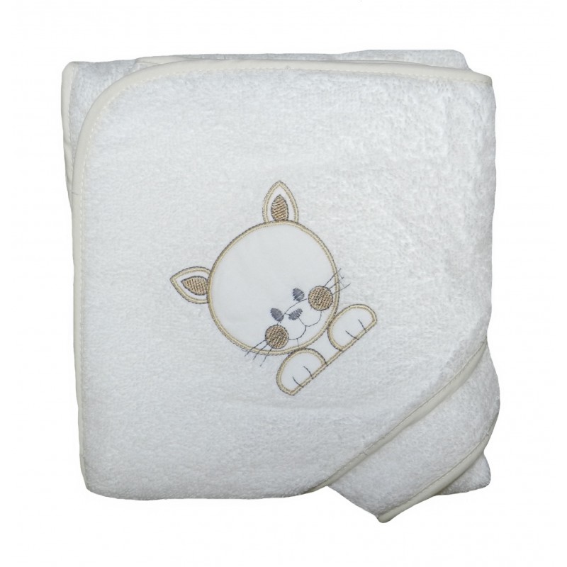 Cape de bain blanche et crème petit chat