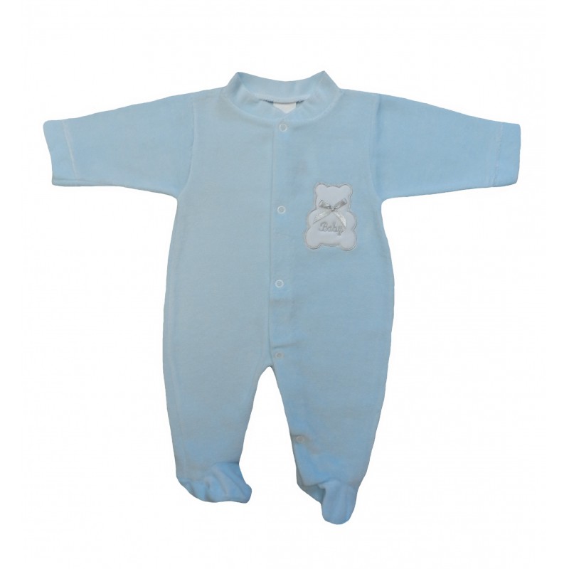 Pyjama bébé bleu, motif ourson sur la poitrine. Coton velours