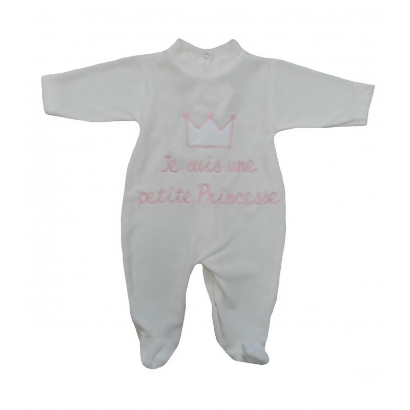 Pyjama beige broderie rose je suis une petite princesse