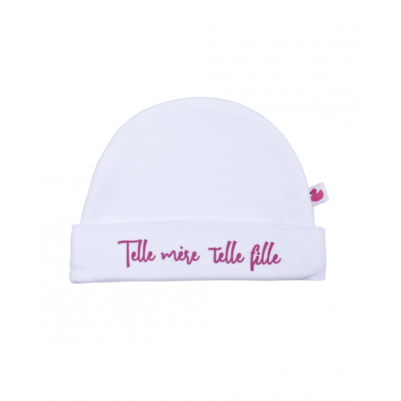 Bonnet naissance blanc avec message "Telle mère telle fille"