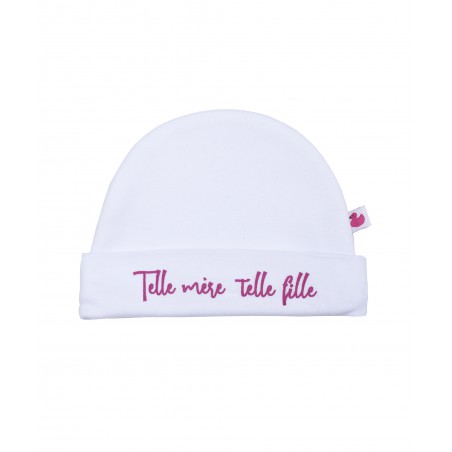 Bonnet naissance blanc avec message "Telle mère telle fille"