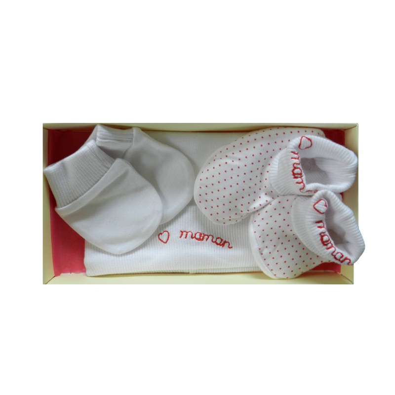 Kit naissance blanc à pois rouge Kit naissance blanc à pois rouge