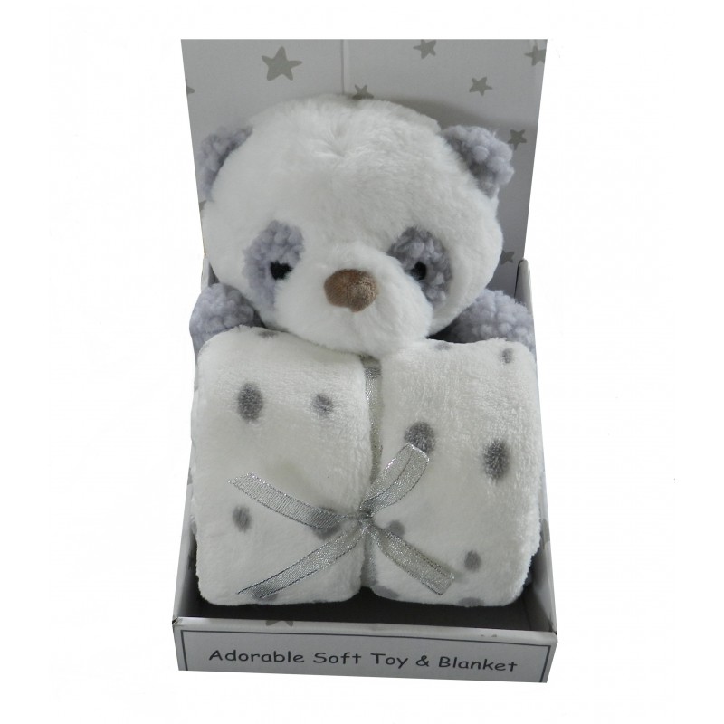 Doudou panda et sa couverture polaire blanche à pois gris Doudou panda et sa couverture polaire blanche à pois gris