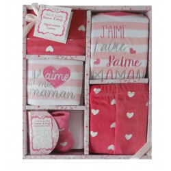 Coffret naissance bébé fille 5 pièces: pull, pantalon, bavoir, bonnet naissance et chaussettes