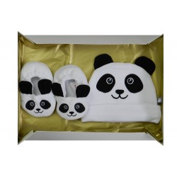 Coffret naissance thème panda: bonnet et chaussons naissance