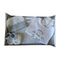 Kit naissance mixte: body, bavoir, moufles, bonnet et chaussons naissance.