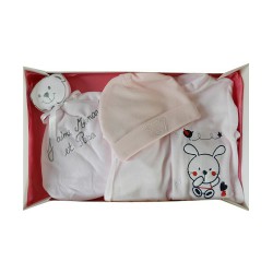 Coffret naissance fille: pyjama, bonnet naissance et doudou. Couleur rose