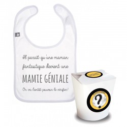 Boîte à surprise annonce grossesse mamie. Bavoir blanc original en pur coton