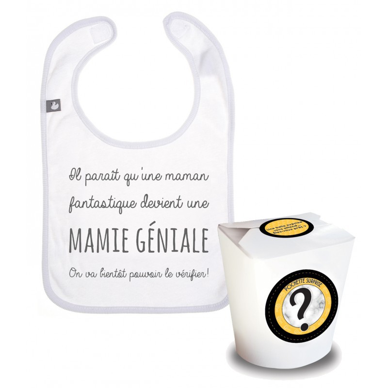 Boîte à surprise annonce grossesse mamie. Bavoir blanc original en pur coton Boîte à surprise annonce grossesse mamie. Bavoir blanc original en pur coton