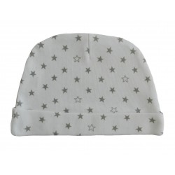 Bonnet naissance en coton blanc avec des étoiles grises