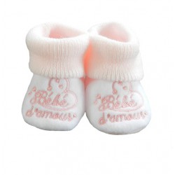 Chaussons naissance fille. Couleur blanc et rose. Broderie "bébé d'amour"