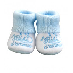 Chaussons naissance garçon. Couleur bleu et blanc avec broderie "bébé d'amour"