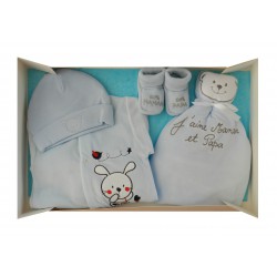 Coffret cadeau naissance bleu: pyjama, doudou, bonnet naissance et chaussons naissance