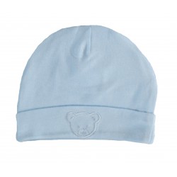 Bonnet naissance bleu en coton. Ourson brodé sur le revers