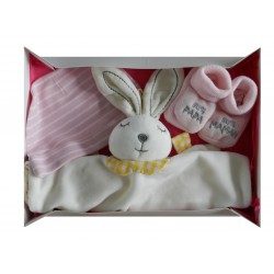 Coffret naissance fille: bonnet naissance , chaussons naissance et doudou lapin