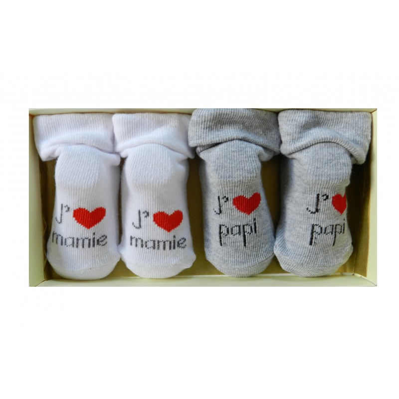 Coffret chaussettes bébé j'aime papi et mamie blanc et gris Coffret chaussettes bébé j'aime papi et mamie blanc et gris