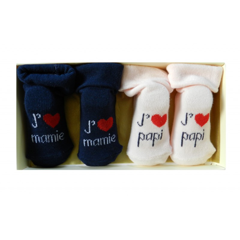 Coffret chaussettes bébé rose et bleu marine j'aime mamie et papi Coffret chaussettes bébé rose et bleu marine j'aime mamie et papi