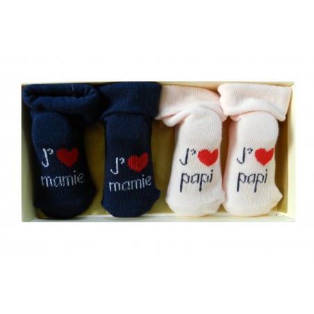 Coffret chaussettes bébé rose et bleu marine j'aime mamie et papi