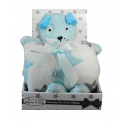 Coffret doudou et couverture blanche et bleu. Peluche chien et sa couverture polaire. Cadeau naissance idéal
