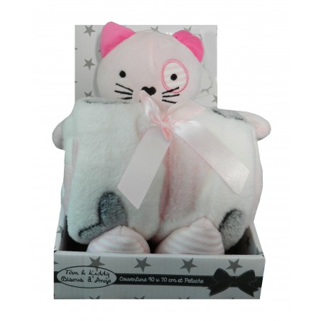 Coffret naissance doudou chat et couverture fille