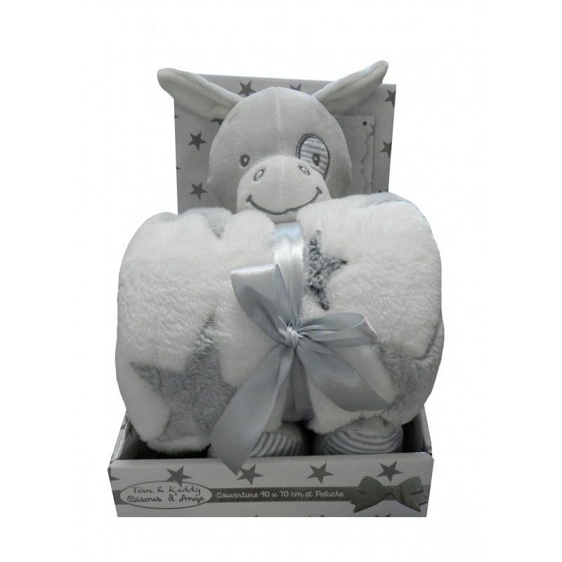Coffret doudou couverture mixte. Ane et couverture polaire blanche et grise Coffret doudou couverture mixte. Ane et couverture polaire blanche et grise