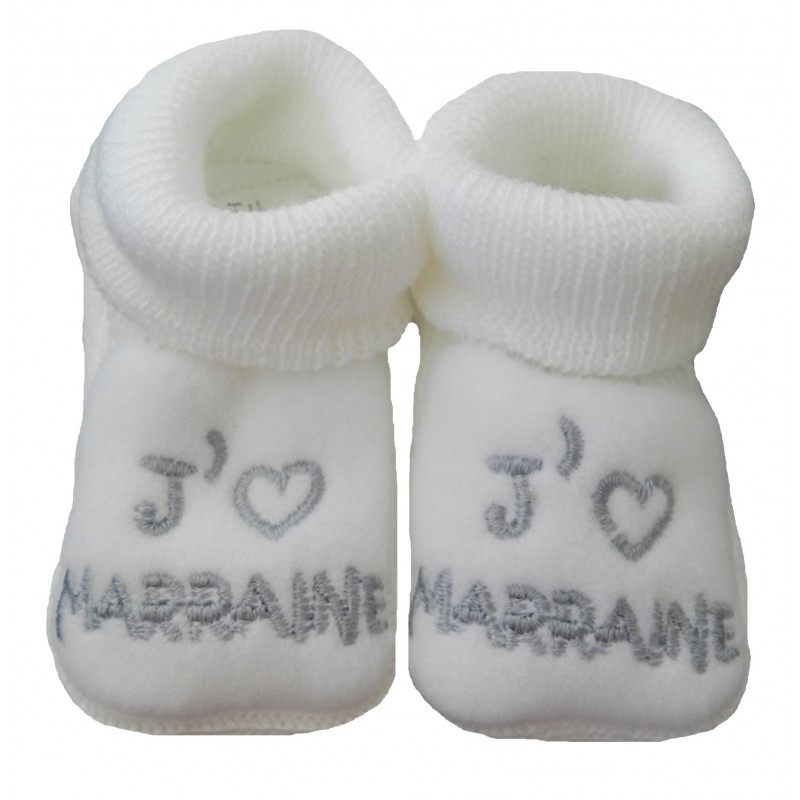 Chaussons naissance blanc j'aime marraine