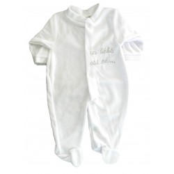 Pyjama bébé blanc en velours. Broderie grise un bébé est né