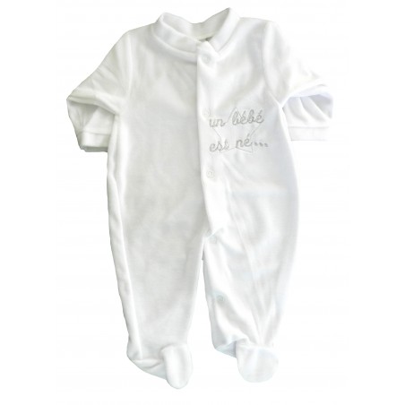Pyjama bébé blanc en velours. Broderie grise un bébé est né