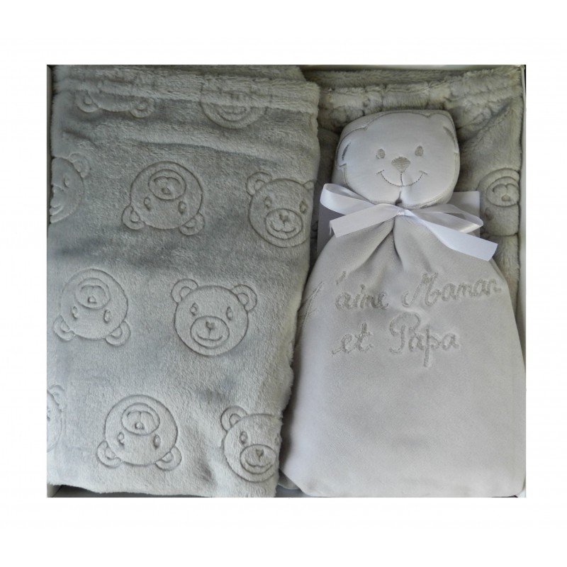 Coffret naissance gris composé d'une couverture bébé et son doudou