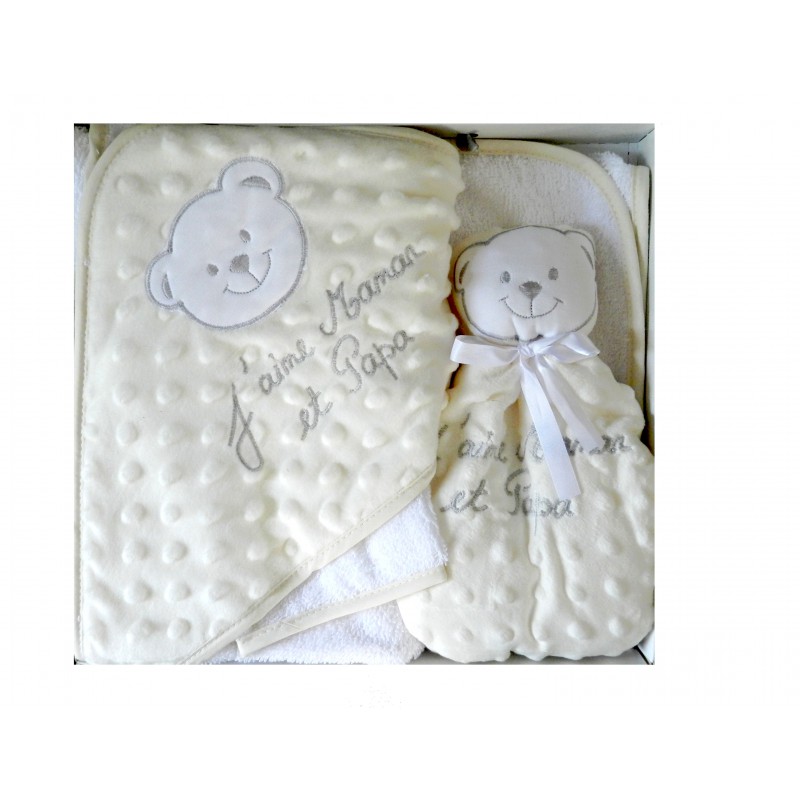 Coffret mixte cape de bain et doudou "j'aime maman et papa" Coffret mixte cape de bain et doudou "j'aime maman et papa"