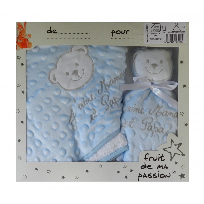 Coffret naissance garçon, cape de bain, gant de toilette et doudou Coffret naissance garçon, cape de bain, gant de toilette et doudou