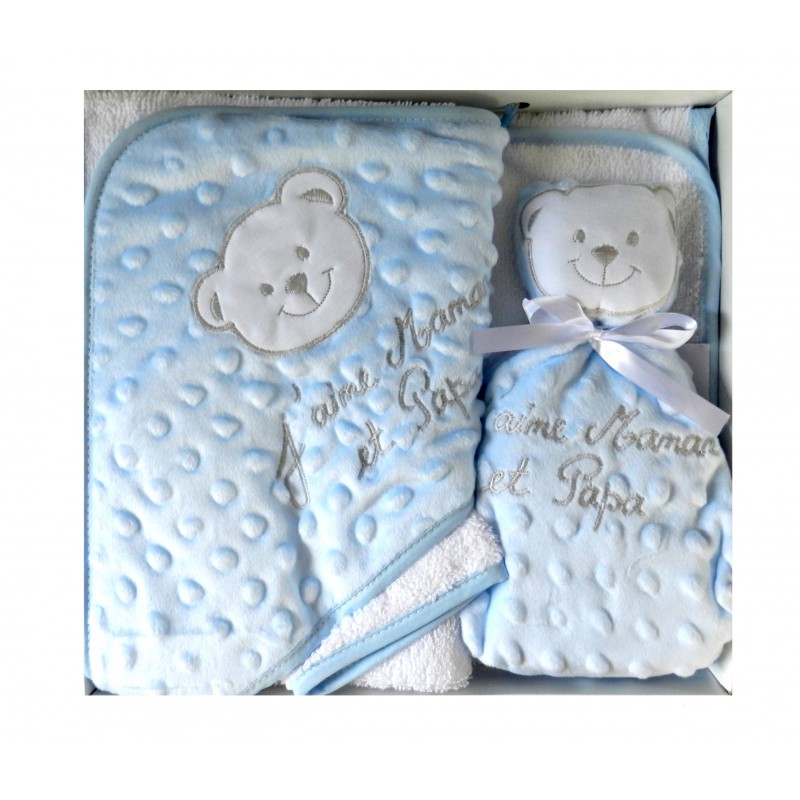 Parure naissance bleue "j'aime maman et papa"