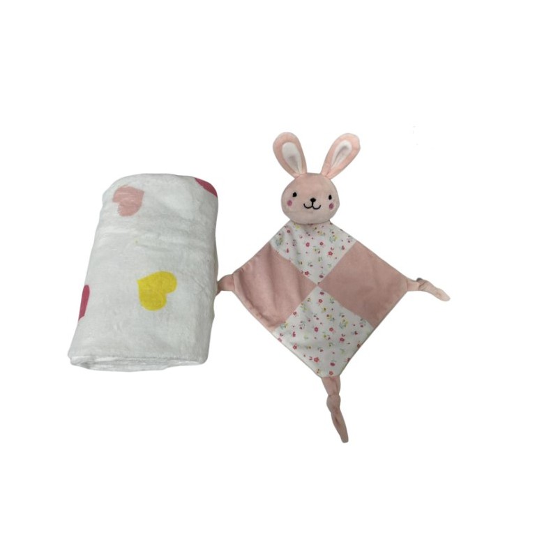 Coffret doudou et couverture rose. Doudou plat forme lapin. Couverture polaire blanche avec ses cœurs roses.