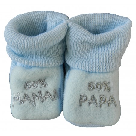 Chaussons naissance bleu 50% papa 50% maman