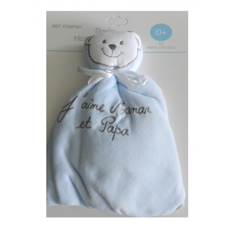 Doudou plat bleu j'aime maman et papa Doudou plat bleu j'aime maman et papa