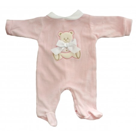 Pyjama bébé en velours rose broderie ourson