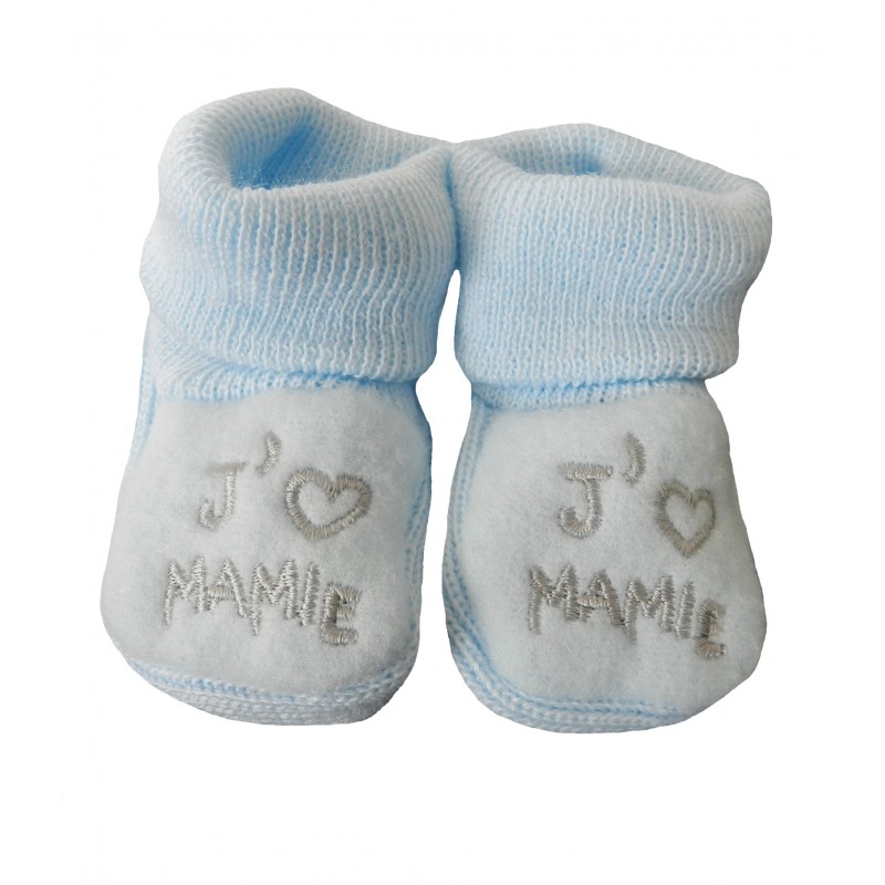 Chaussons naissance j'aime mamie bleu Chaussons naissance j'aime mamie bleu