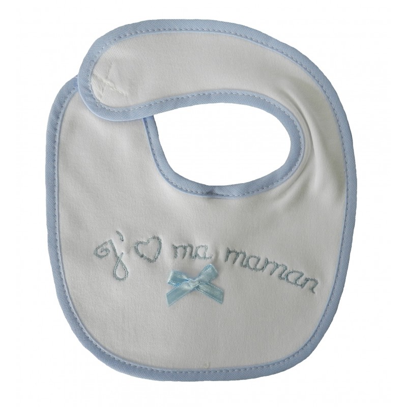Bavoir naissance blanc et bleu j'aime ma maman Bavoir naissance blanc et bleu j'aime ma maman