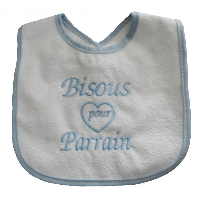 Bavoir bébé blanc et bleu-ciel bisous pour parrain