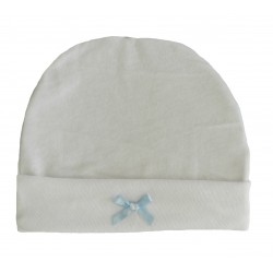 Bonnet naissance blanc nœud bleu-ciel en satin