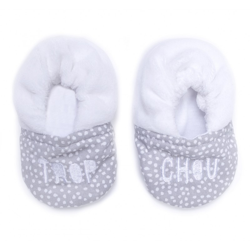 Chaussons bébé bi matière gris et blanc "Trop chou"