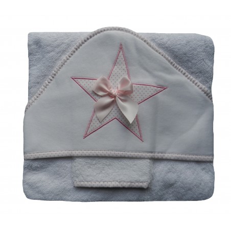 Cape de bain bébé fille blanche et rose, broderie étoile